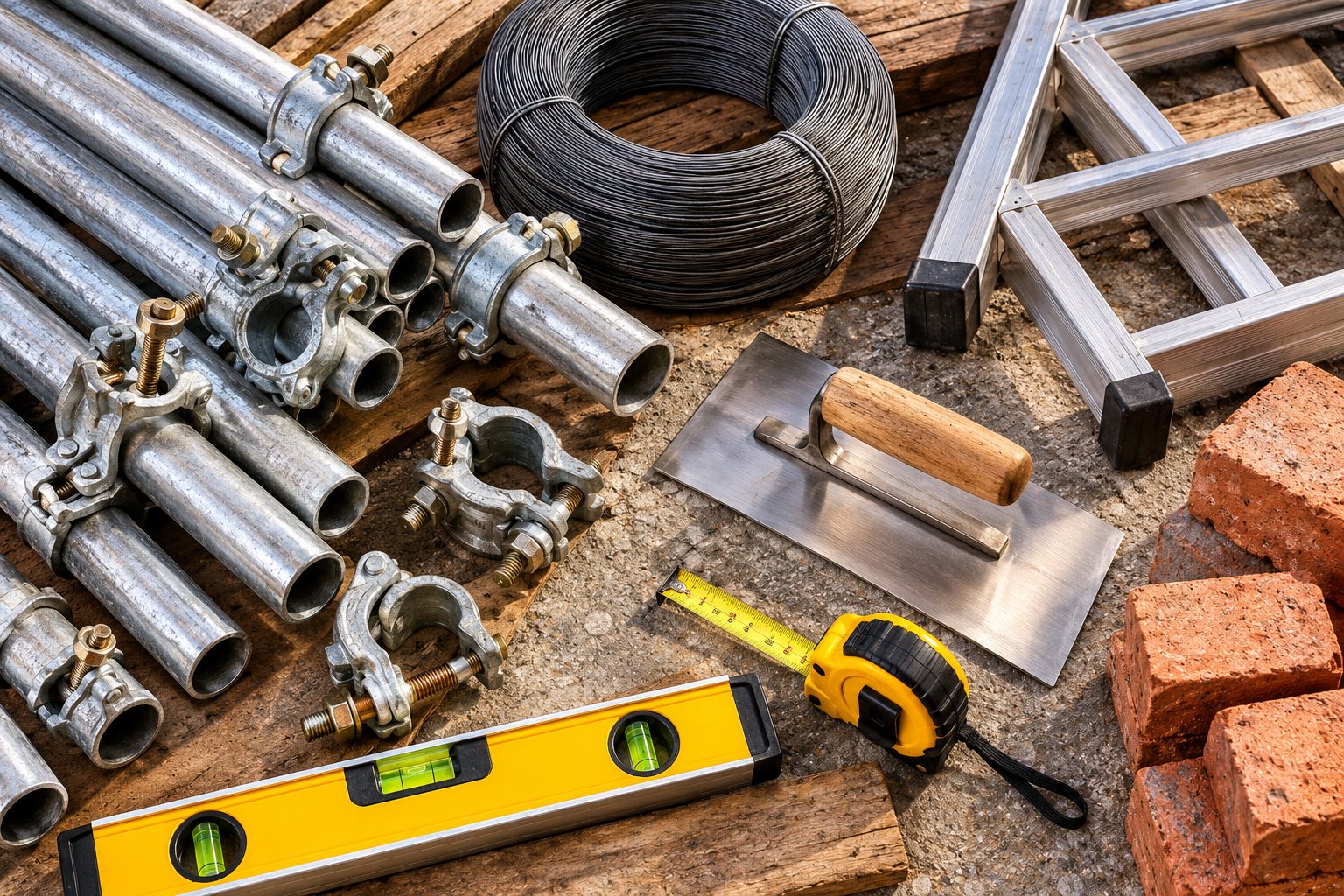 Scaffolding tubes, couplers, annealed wire and building tools