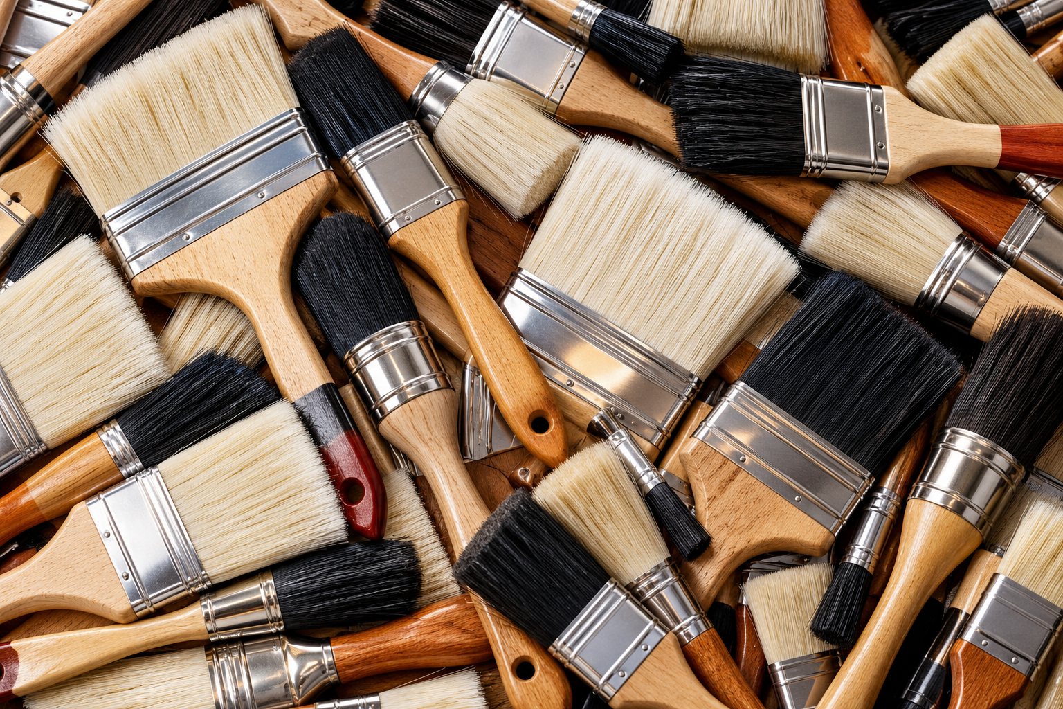 White bristle, black bristle and angled paint brushes