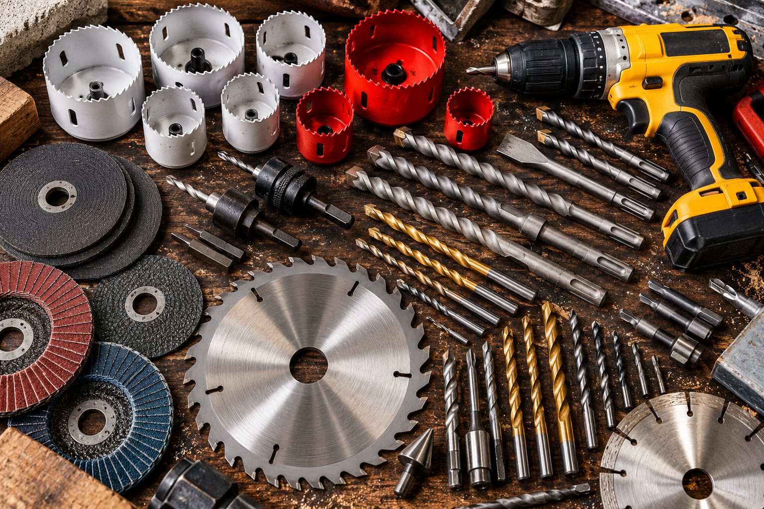 Hole saws, drill bits, saw blades and a cordless drill